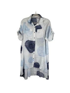 AZUCAR 100% Linen Blue White High-Low Tunic Blouse S/M Oversized Coastal